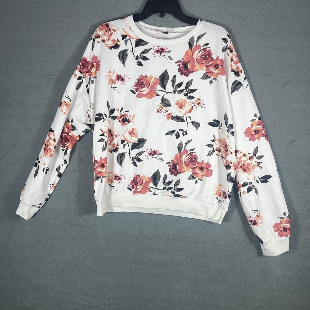 SHEIN‎ Women's XL Floral Print Sweatshirt White Orange Pink Pullover Long Sleeve